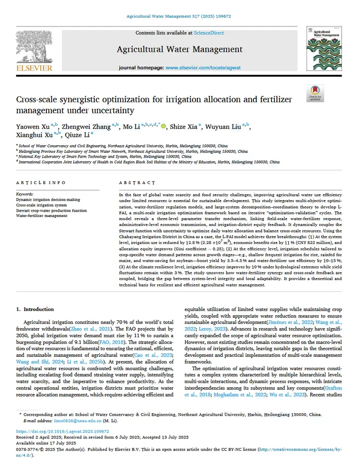 Cross-scale synergistic optimization for irrigation allocation and fertilizer management under uncertainty论文首页缩略图