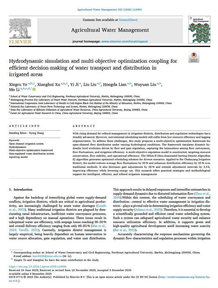 Hydrodynamic simulation and multi-objective optimization coupling for efficient decision-making of water transport and distribution in irrigated areas论文首页缩略图