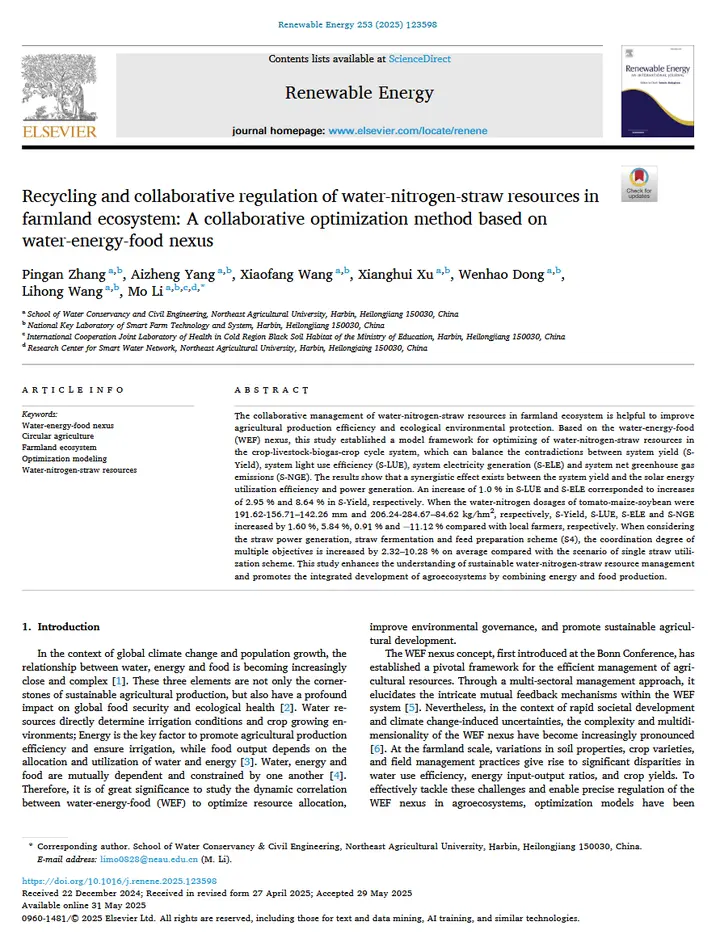 Recycling and collaborative regulation of water-nitrogen-straw resources in farmland ecosystem: A collaborative optimization method based on water-energy-food nexus论文首页缩略图