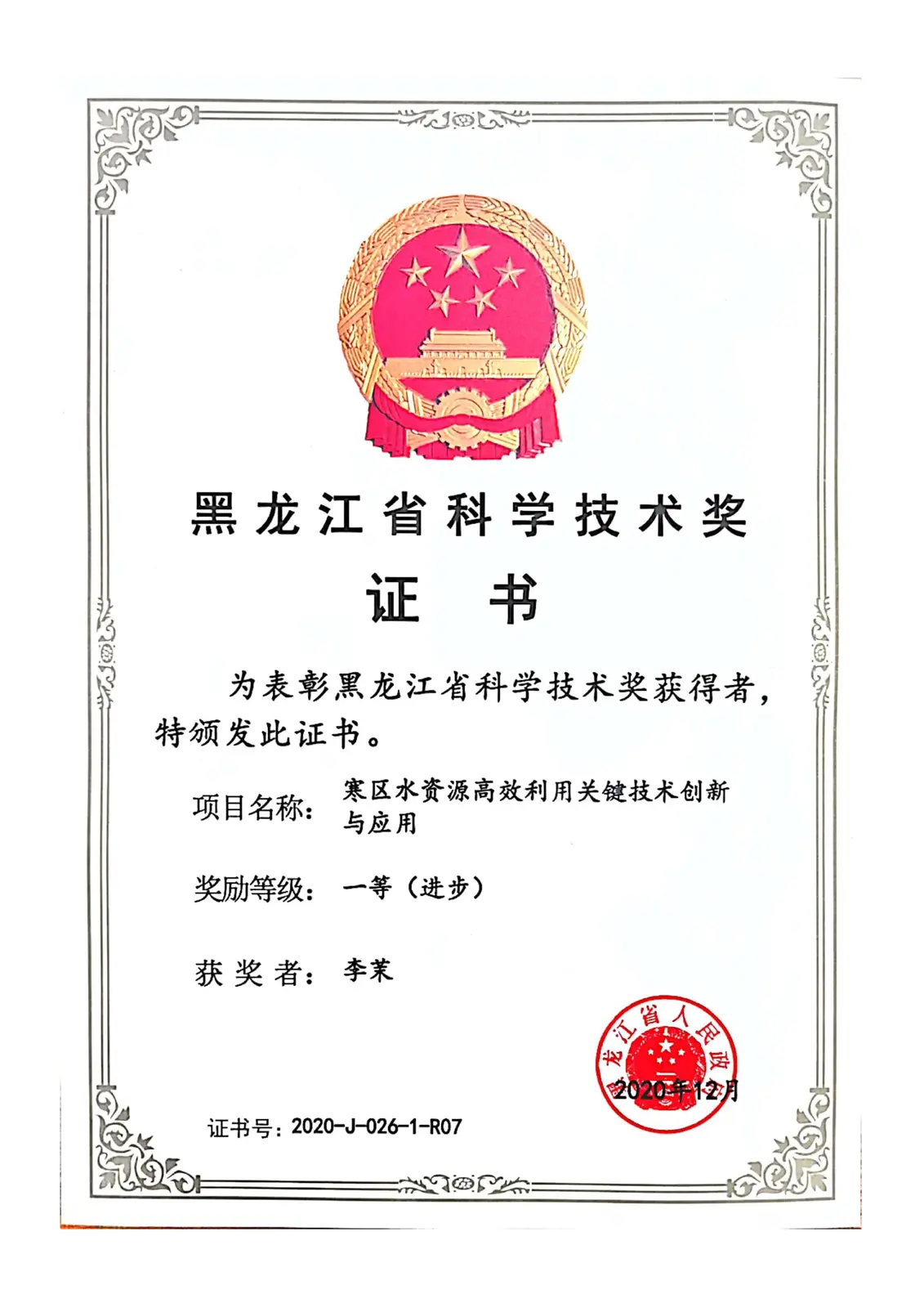 2020年黑龙江省科学技术一等奖证书