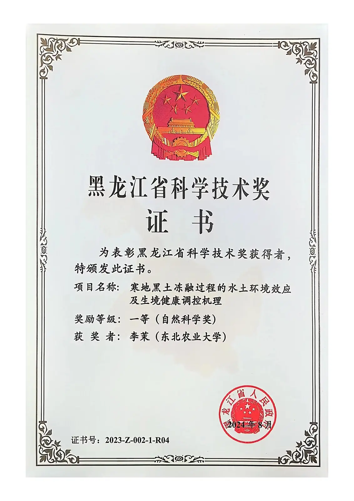 2024年黑龙江省科学技术一等奖证书