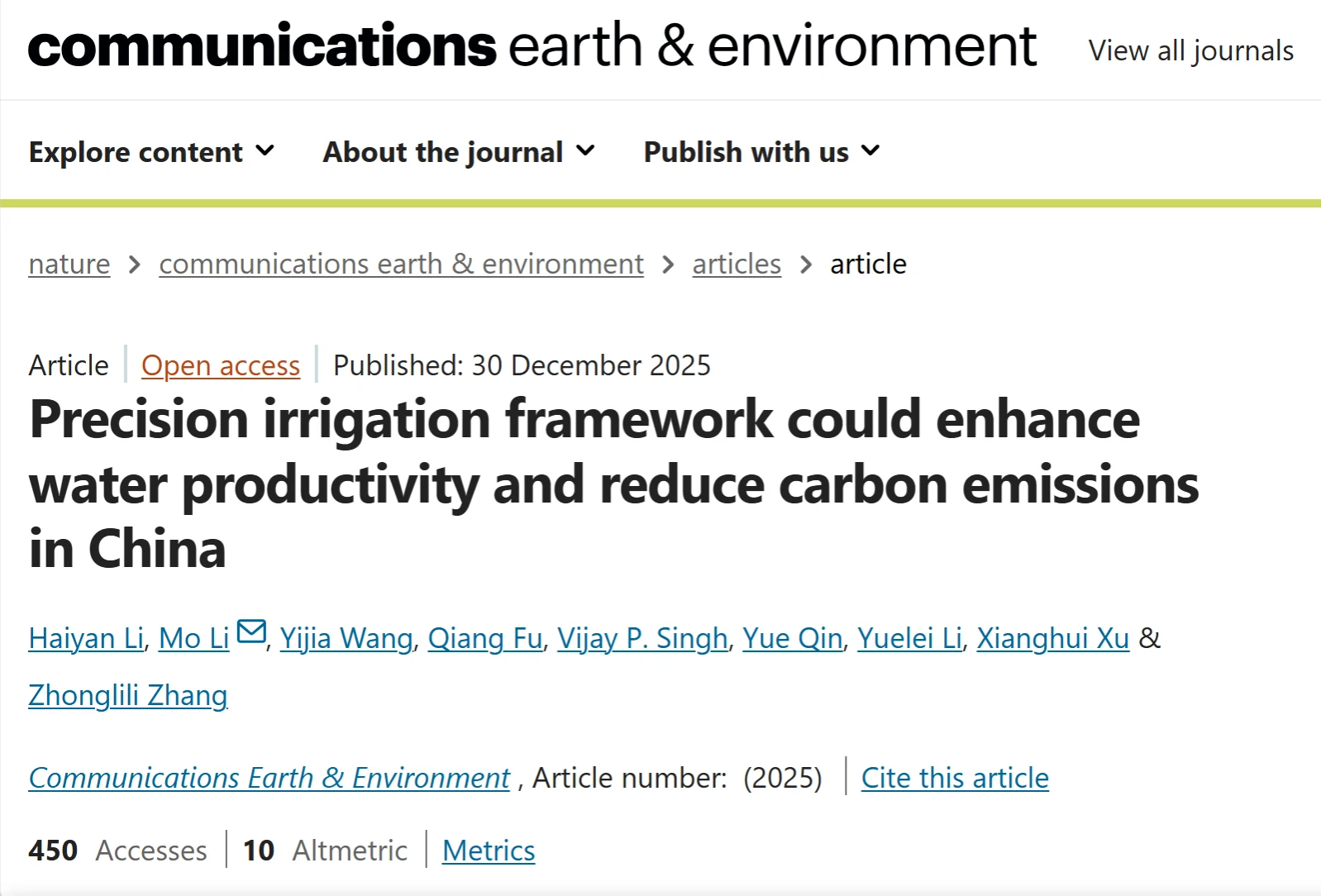 我院付强教授团队李茉课题组在Nature旗下《Communications Earth & Environment》期刊发表研究论文
